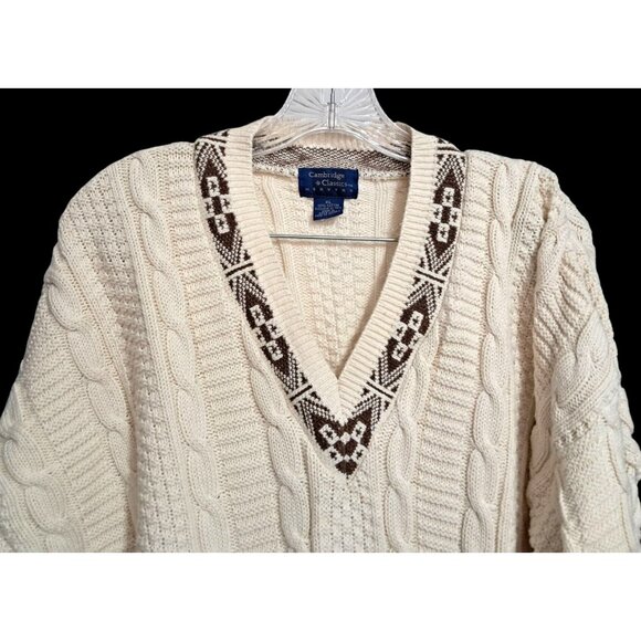 Vintage Cambridge Classics SweaterMens Cable Knit Sweater V-Neck XL Cream & Brow - Picture 4 of 9